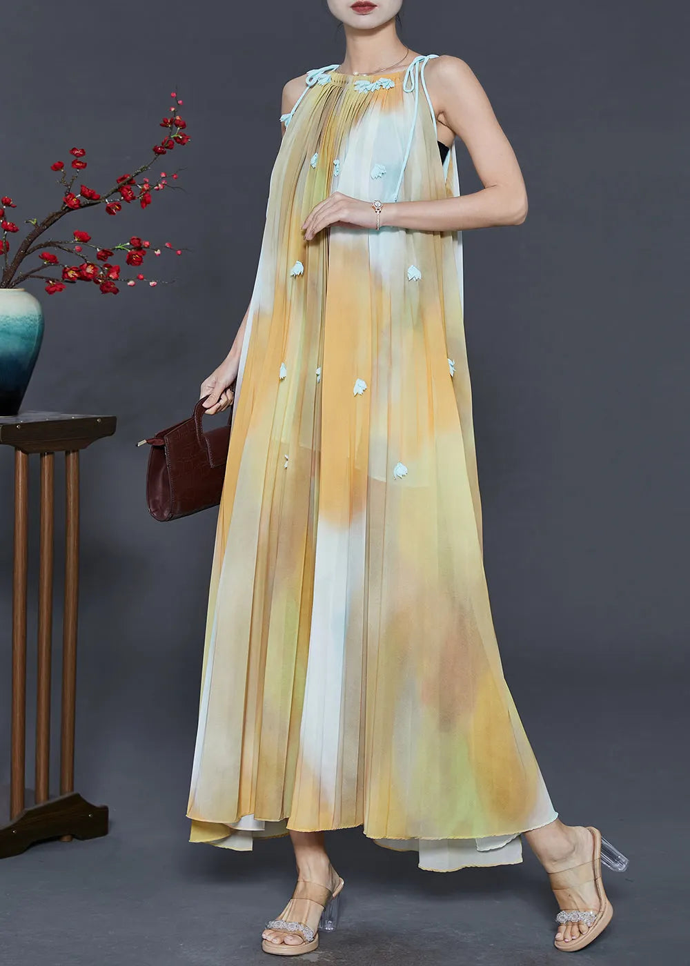 Yellow Cold Shoulder Tie Dye Chiffon Beach Dress Summer