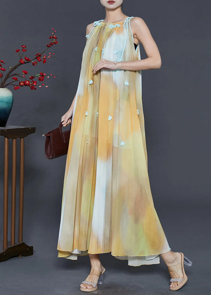 Yellow Cold Shoulder Tie Dye Chiffon Beach Dress Summer