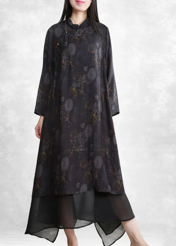 Black Mandarin Collar Tulle Patchwork Fake Two Piece Dress Long Sleeve
