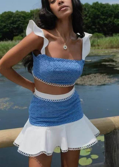Blue Patchwork Cotton Two Piece Set Outfits Butterfly Sleeve