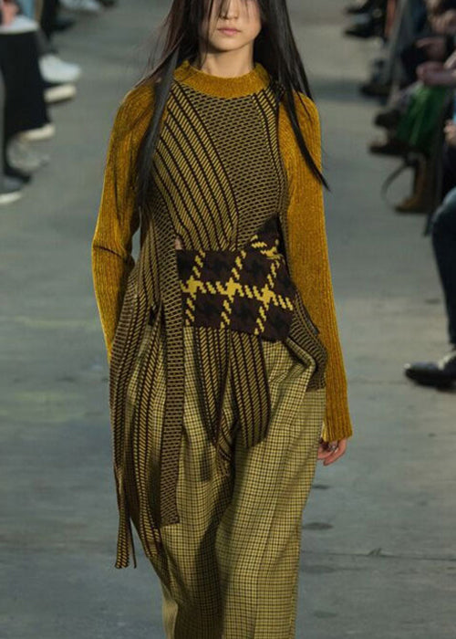 Unique Yellow O-neck Asymmetrical Patchwork Knit Tops Fall