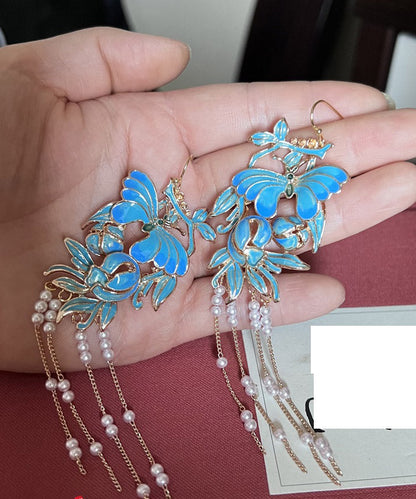Retro Blue Sterling Silver Overgild 14k Gold Pearl Oli Drip Cloisonnedrop Earrings