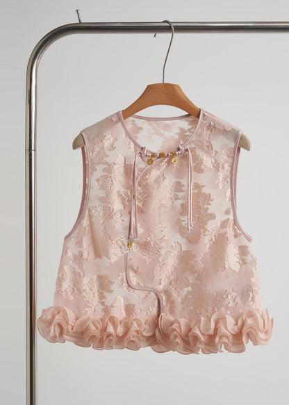 Pink Ruffled Jacquard Silk Vest Sleeveless