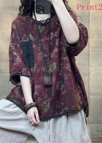 Retro Loose Print O-neck Linen Tops Summer