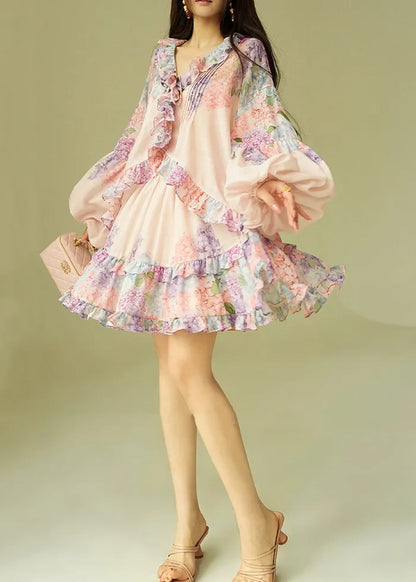 Loose Pink Ruffled Print Shirts and Skirts Cotton Two Piece Set Puff Sleeve