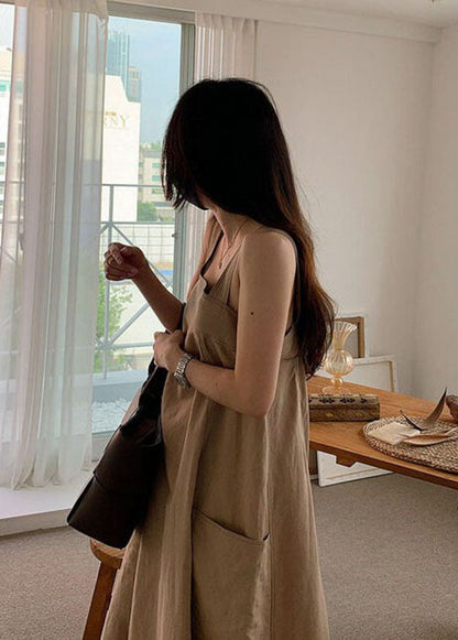 Khaki Pockets Linen Dresses Sleeveless