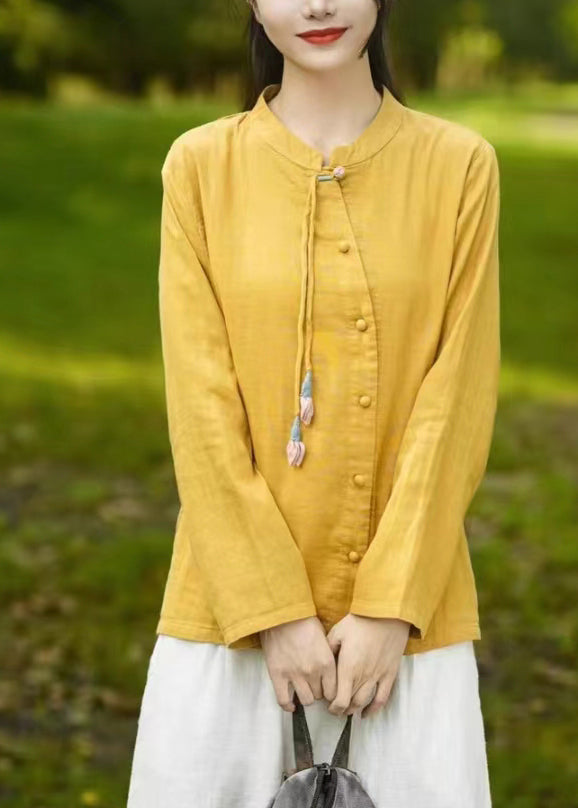 Mulberry Stand Collar Tasseled Patchwork Cotton Shirts Fall