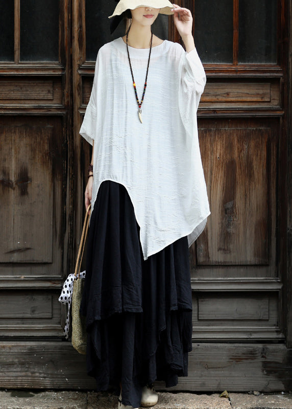 Original White Asymmetrical Design Cotton Top Three Quarter Sleeve