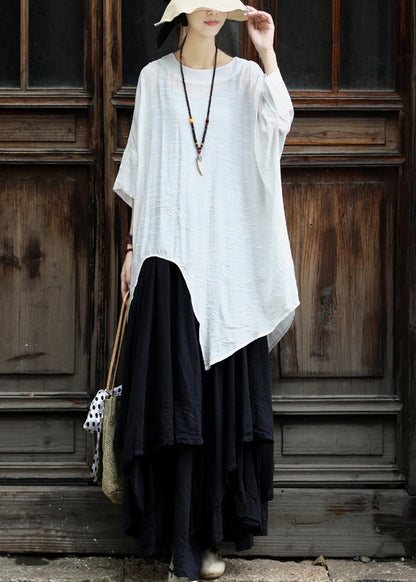 Original White Asymmetrical Design Cotton Top Three Quarter Sleeve