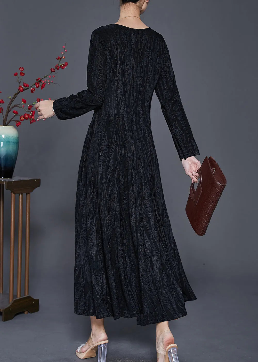 Black Print Cotton a Line Dress V Neck Silm Fit Spring