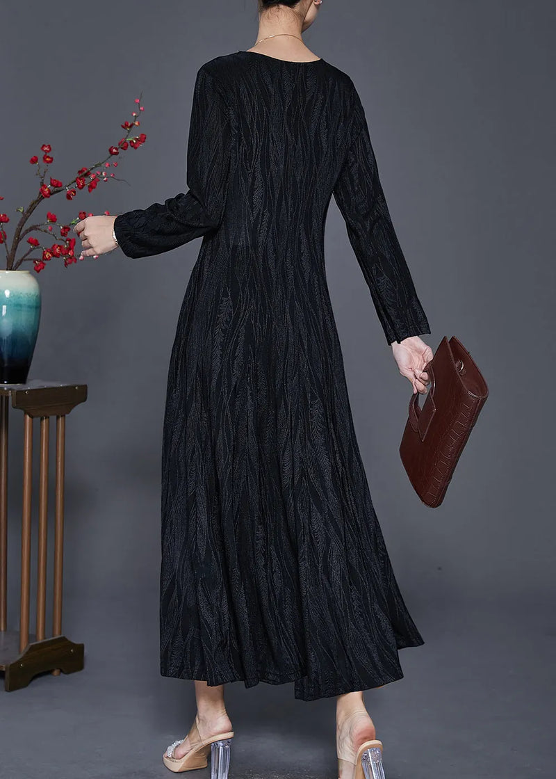 Black Print Cotton a Line Dress V Neck Silm Fit Spring