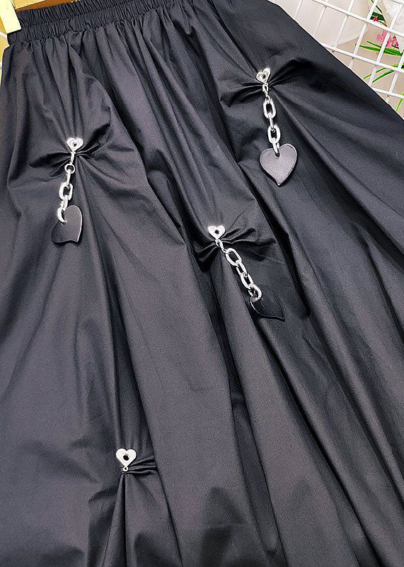 Black Elastic Waist Wrinkled Heart Decorated Cotton Skirts Summer