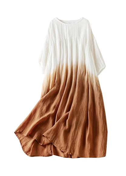 Original Brown Gradient O Neck Wrinkled Cotton Long Dress Half Sleeve