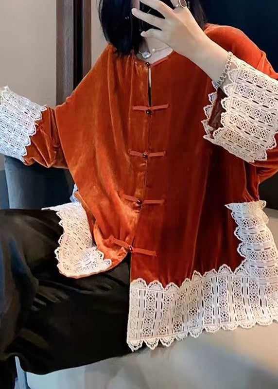 Orange Lace Patchwork Silk Velour Coats Long Sleeve