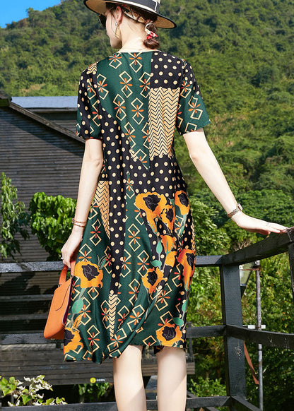 Classy Blackish Green O-neck Patchwork Silk Formal Dress Short Sleeve