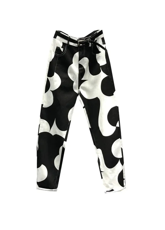 French Asymmetrical Print Pockets Patchwork Denim Pants Fall