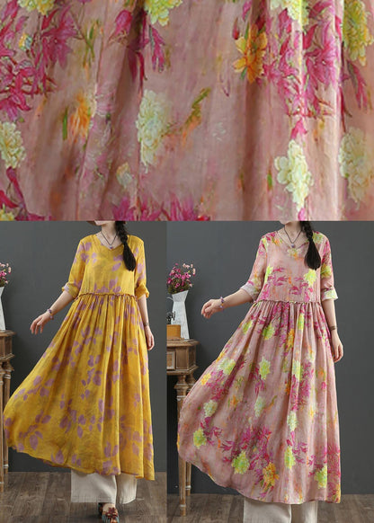 Natural Yellow Print Linen Cinched Summer Dress