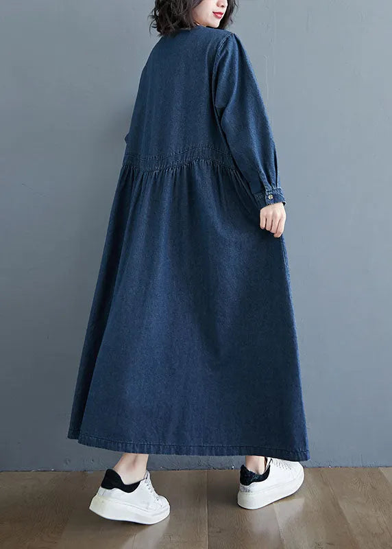 Blue V-neck Pockets Wrinkled Patchwork Denim Dress Spring