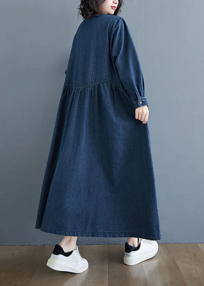 Blue V-neck Pockets Wrinkled Patchwork Denim Dress Spring
