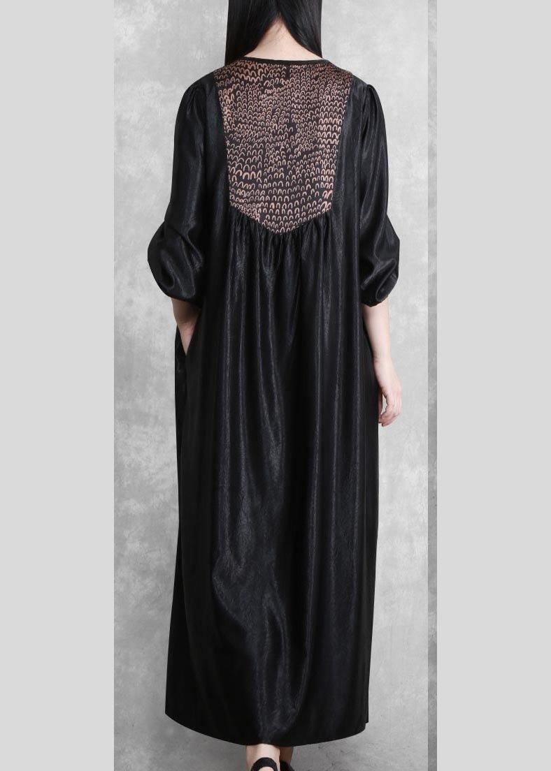 Organic Black Quilting Clothes V Neck Patchwork Robes Spring Dress