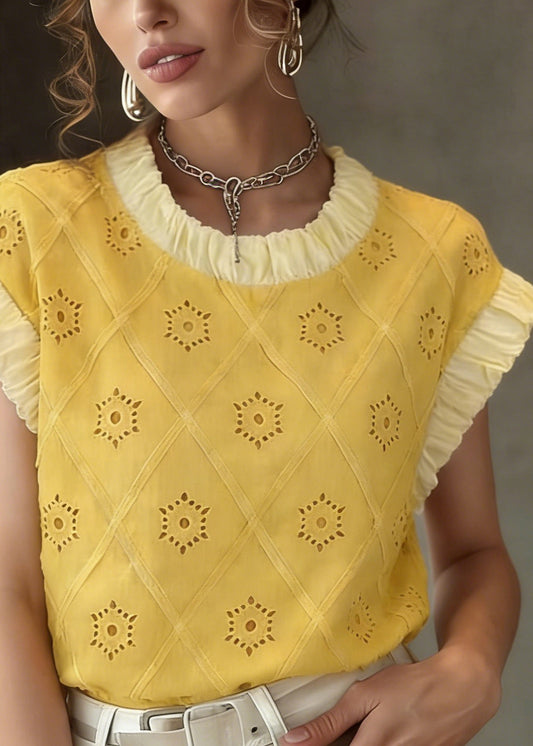 Yellow Patchwork Hollow Out T Shirt Summer