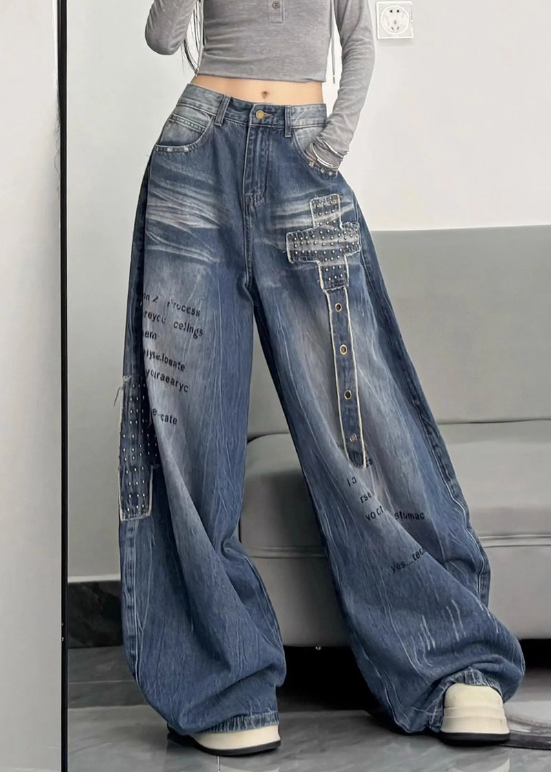 Unique Blue Oversized Rivet Warm Fleece Denim Pants Winter