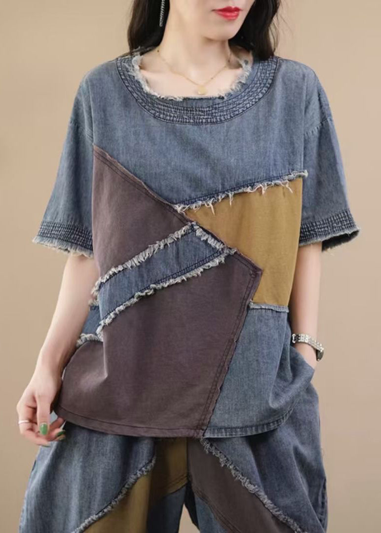 Blue O Neck Patchwork Denim 2 Piece Outfit Summer