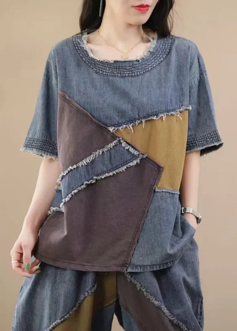 Blue O Neck Patchwork Denim 2 Piece Outfit Summer