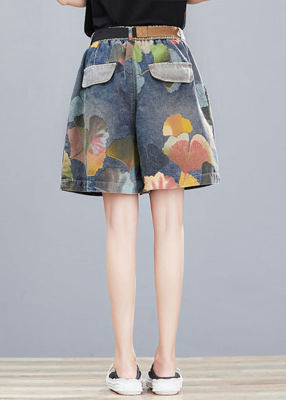 Print Elastic Waist Sashes Denim Shorts Summer