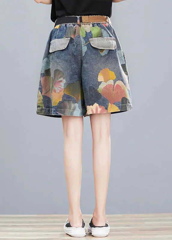 Print Elastic Waist Sashes Denim Shorts Summer