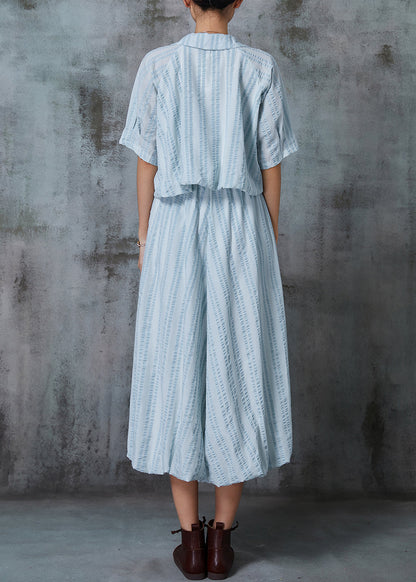 Blue Peter Pan Collar Wrinkled Cotton Two Pieces Set Summer