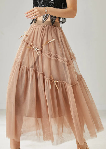 Khaki Bow Ruffled Tulle Skirts Summer
