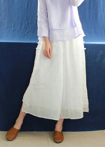 French White Embroidery Pants Summer Elastic Waist Work Pant