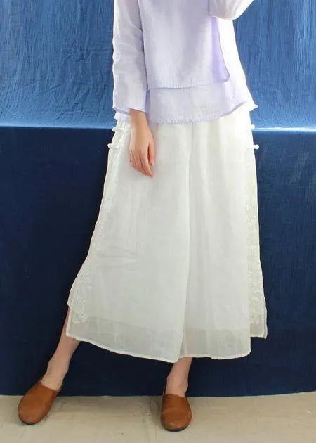 French White Embroidery Pants Summer Elastic Waist Work Pant