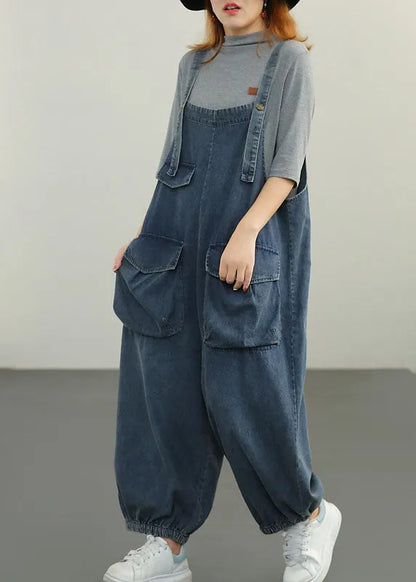 Blue Pockets Cotton Denim Jumpsuit Spring
