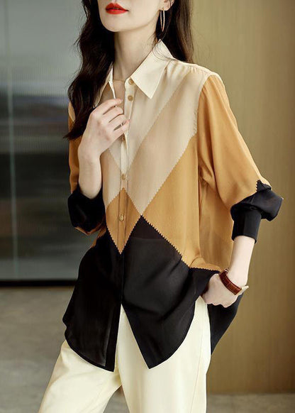 Colorblock Peter Pan Collar Button Chiffon Blouses Spring