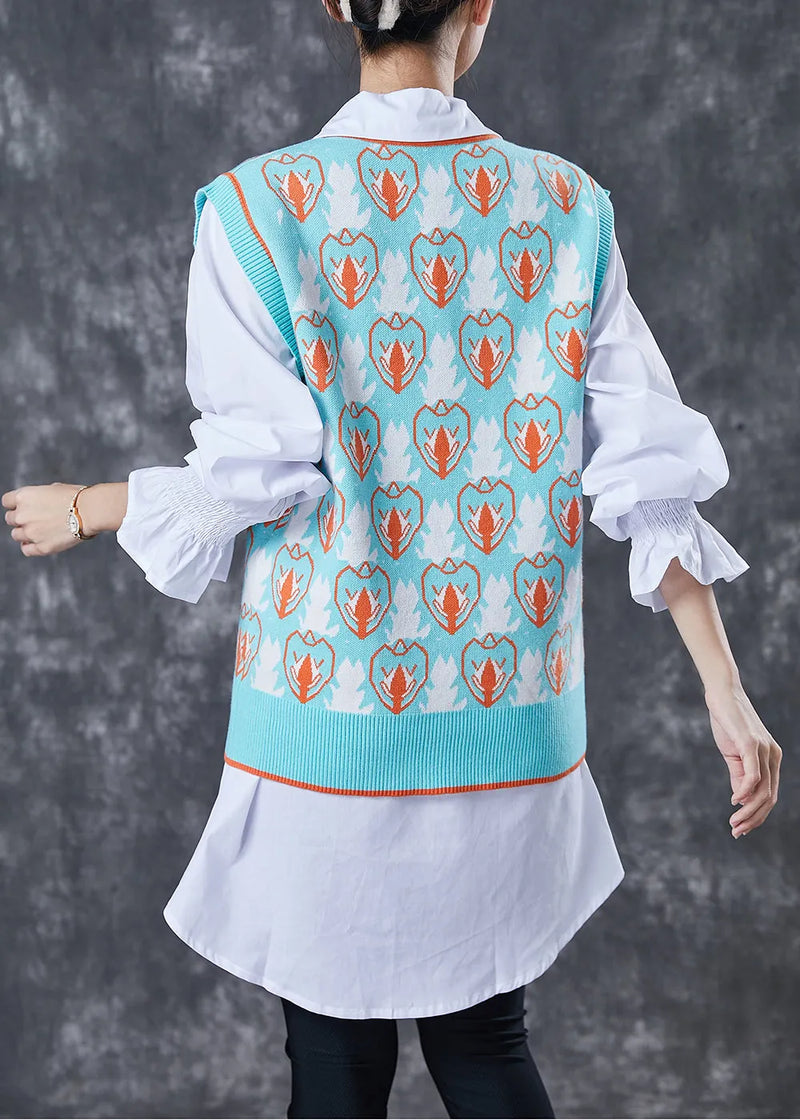 Organic Sky Blue V Neck Print Knit Vest and Shirt Two Pieces Set Spring