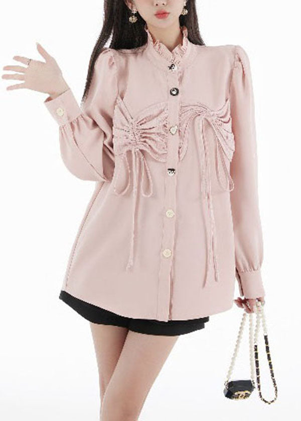 Pink Ruffled Patchwork Wrinkled Chiffon Top Puff Sleeve