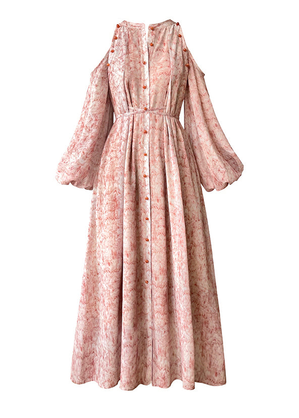 O-neck Print Button Pockets Tie Waist Chiffon Long Dresses Long Sleeve