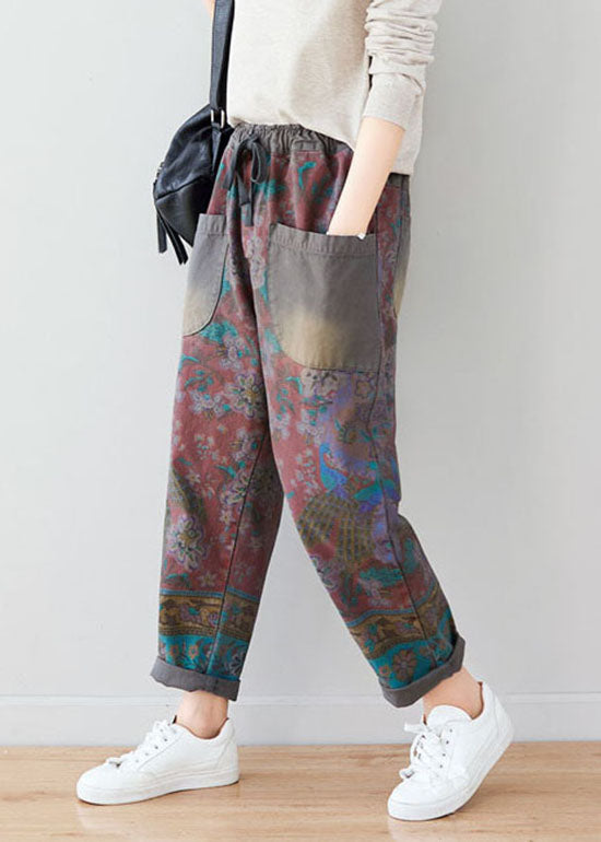 Unique Grey Tie Waist Pockets Patchwork Print Pants Spring
