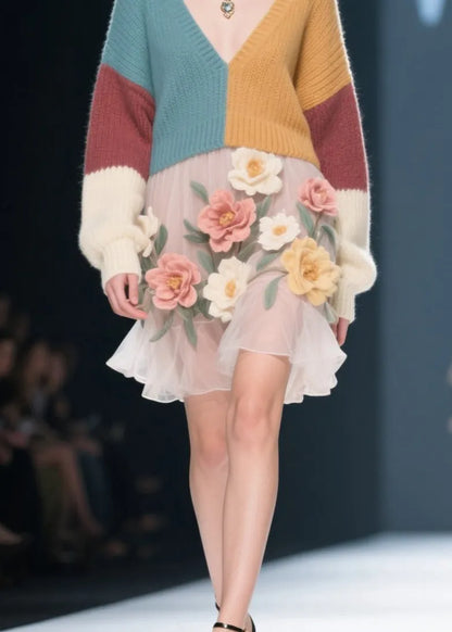 Style Colorblock V Neck Tulle Knit Sweater Dress Fall