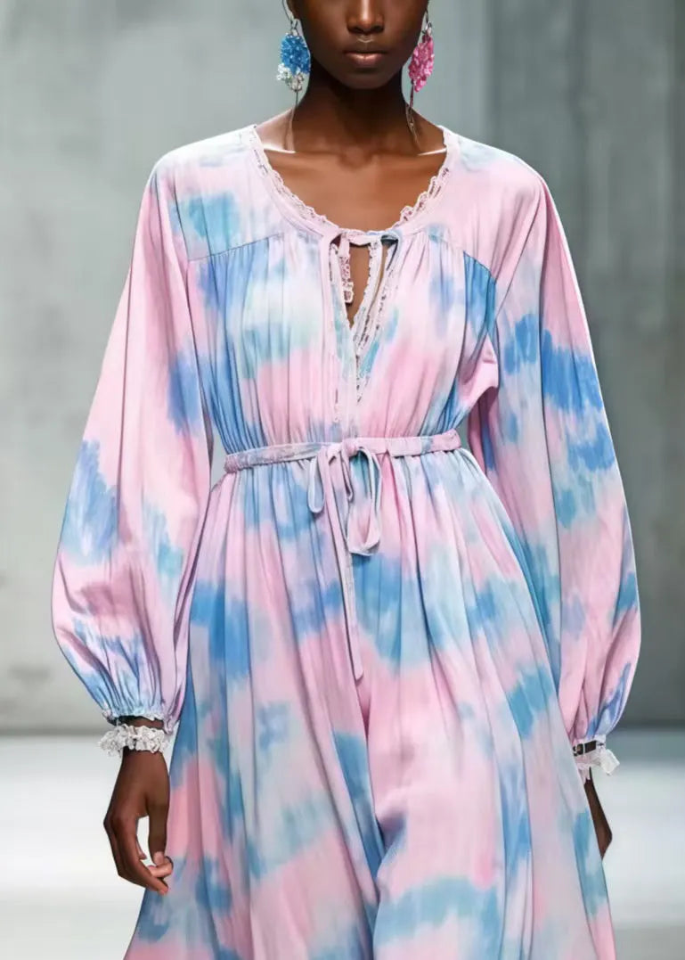 Unique Pink Cinched Tie Dye Chiffon Long Dresses Spring