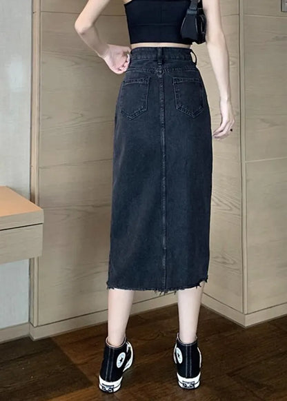 Black High Waist Pockets Button Denim a Line Skirt Spring