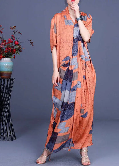 Handmade Orange Print Asymmetrical Design Loose Long Summer Dress