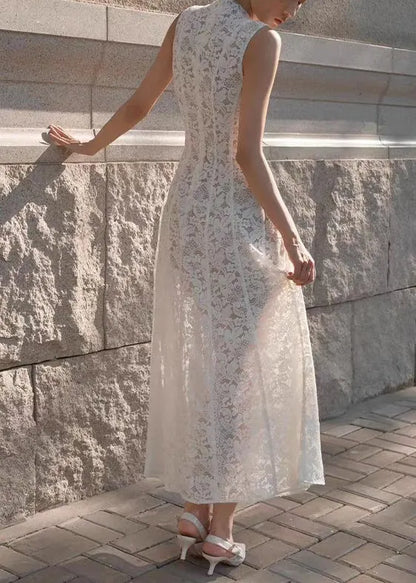 Slim Fit White High Waist Lace Long Dress Sleeveless
