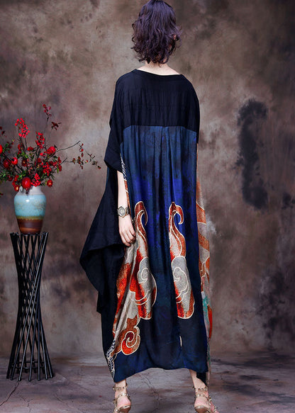 Red Print O-neck Patchwork Silk Loose Long Dress Batwing Sleeve