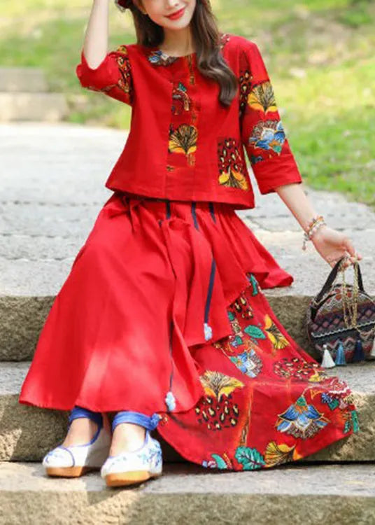 Red O-neck Button Top and Skirts Two Piece Set Fall
