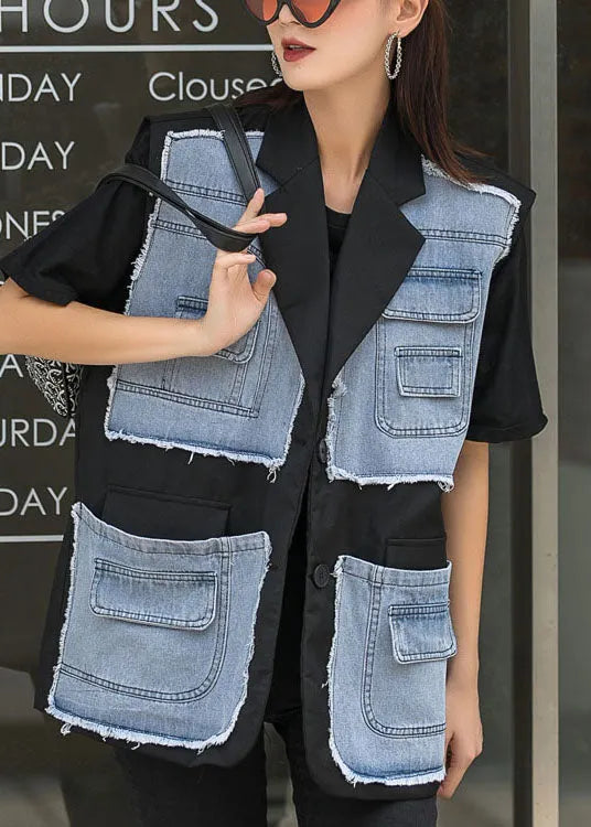 Black Patchwork Button Pockets Fall Sleeveless Waistcoat