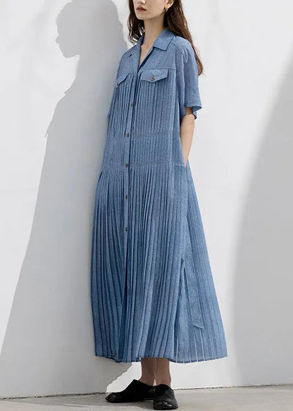 Natural Blue Peter Pan Collar Wrinkled Denim Dress Summer