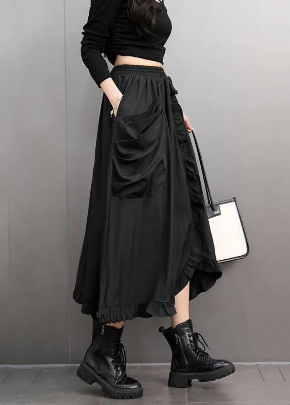 Stylish Black Ruffled Patchwork Pockets Elastic Waist a Line Skirts Spring